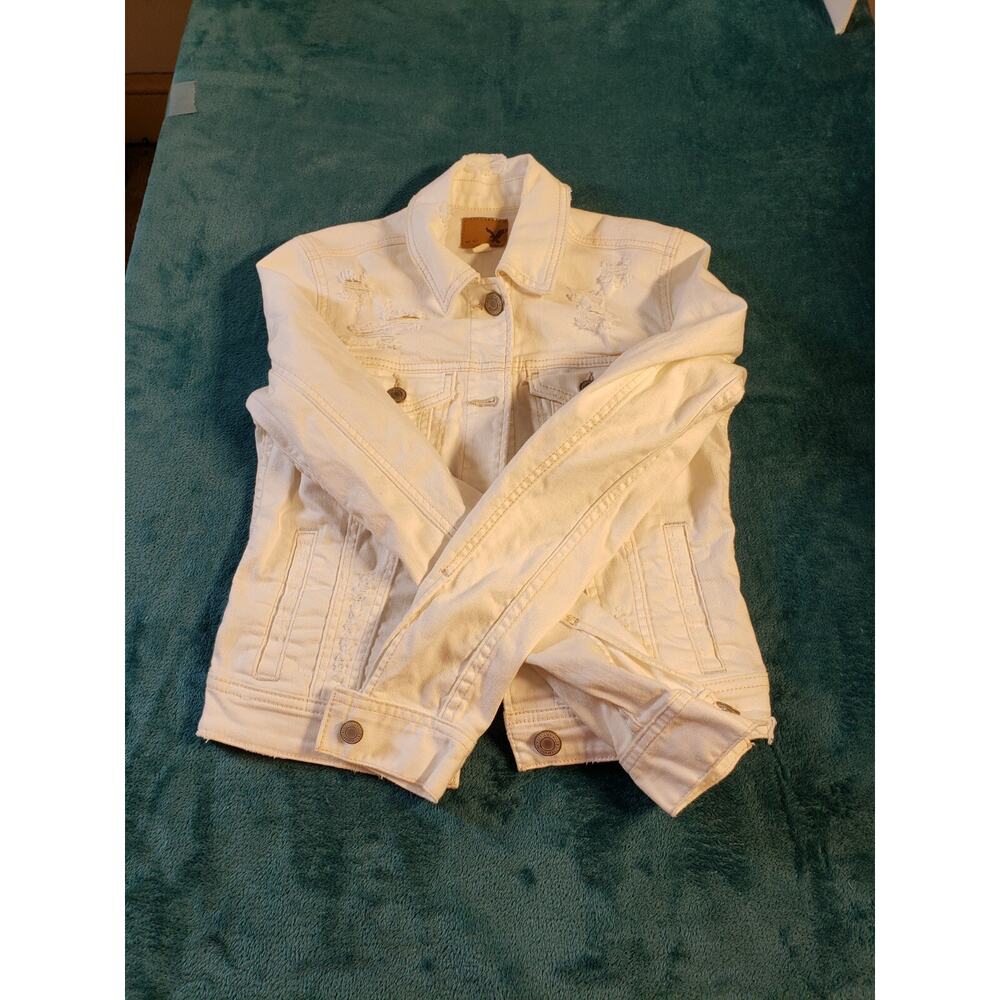 American Eagle Jacket Size Extra Small Womens White Denim Jean Distressed - Picture 5 of 8